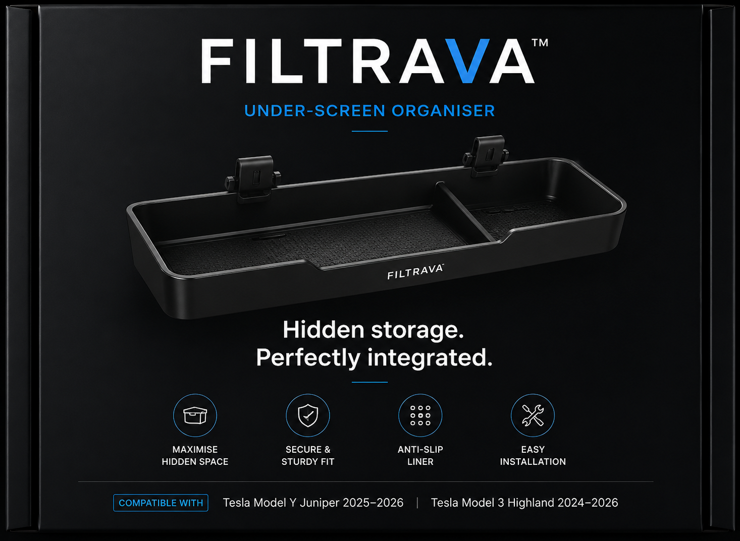 FILTRAVA under-screen organiser showing the deep matte-black tray, anti-slip silicone liner and mounting clips